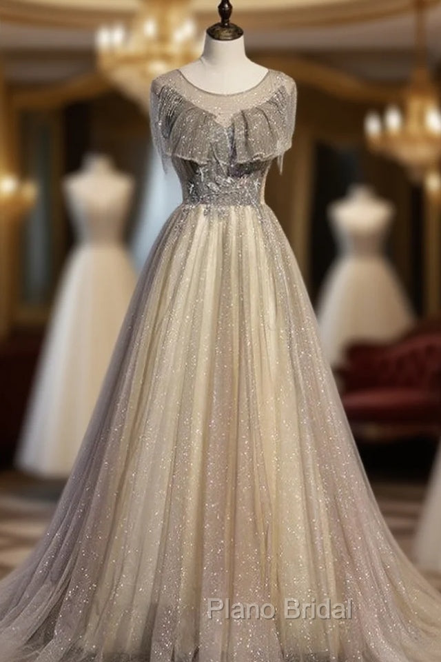 Gray Tulle Sequins Backless Tassel Beading Formal Prom Dresses