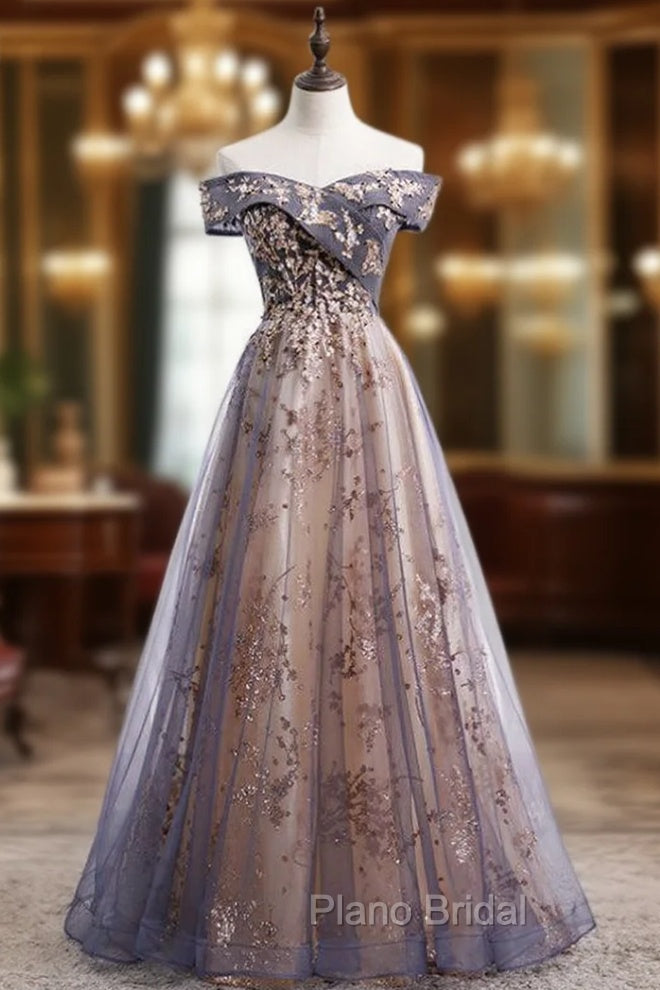 Gray Tulle Sequins Beading Off the Shoulder Formal Prom Dresses