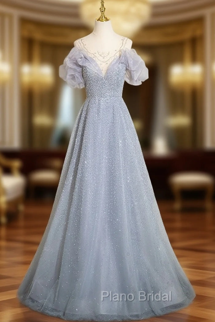 Gray Tulle Sequins Beading Formal Prom Dresses Main image