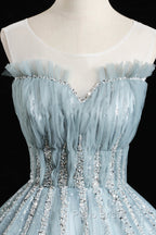 Gray Tulle Sequins Floor Length Formal Prom Dresses, A-Line Evening Party Gown