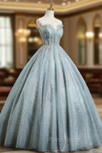 Gray Tulle Sequins Floor Length Formal Prom Dresses, A-Line Evening Party Gown