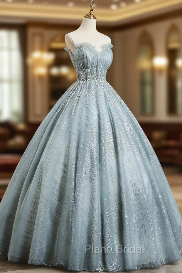 Gray Tulle Sequins Floor Length Formal Prom Dresses, A-Line Evening Party Gown