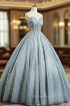 Gray Tulle Sequins Floor Length Formal Prom Dresses, A-Line Evening Party Gown