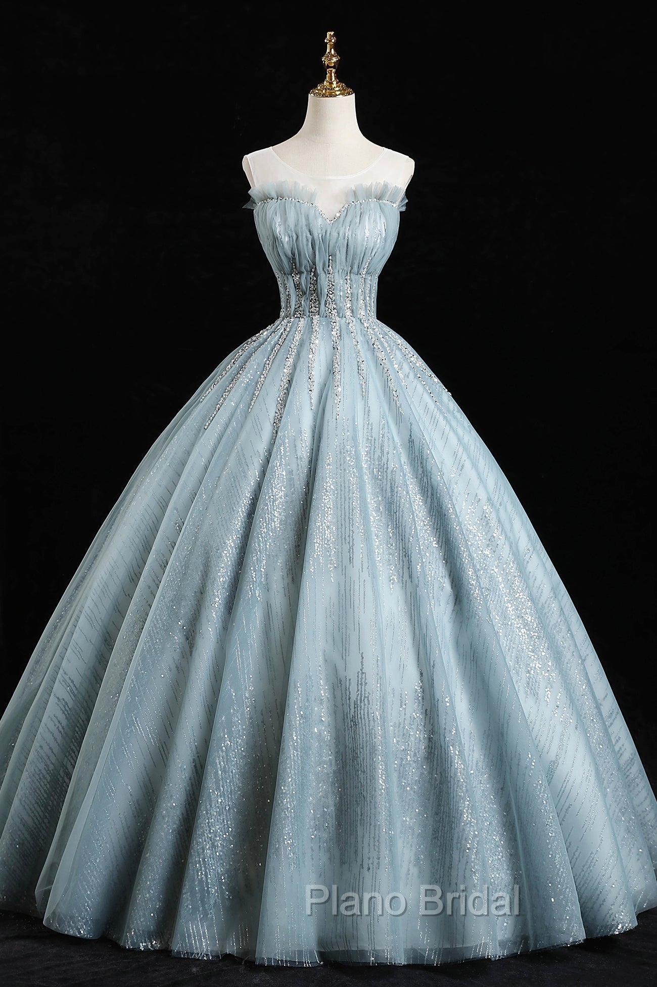 Gray Tulle Sequins Floor Length Formal Prom Dresses, A-Line Evening Party Gown Main image