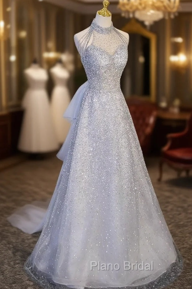Gray Tulle Sequins High Neck Beading Formal Prom Dresses Main image