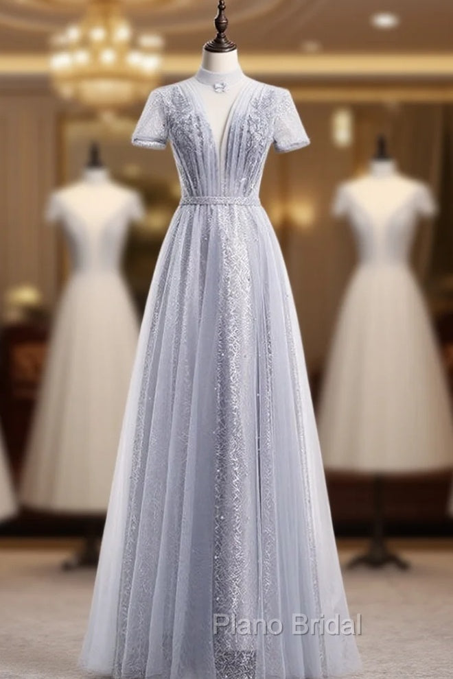 Gray Tulle Sequins High Neck Short Sleeve Beading Formal Prom Dresses