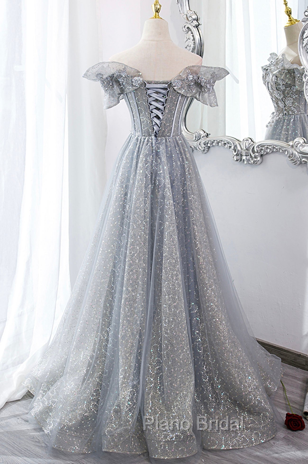 Gray Tulle Sequins Long A-Line Formal Prom Dresses, Off the Shoulder Graduation Dresses Secondary image