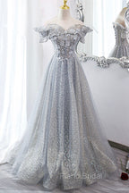 Gray Tulle Sequins Long A-Line Formal Prom Dresses, Off the Shoulder Graduation Dresses