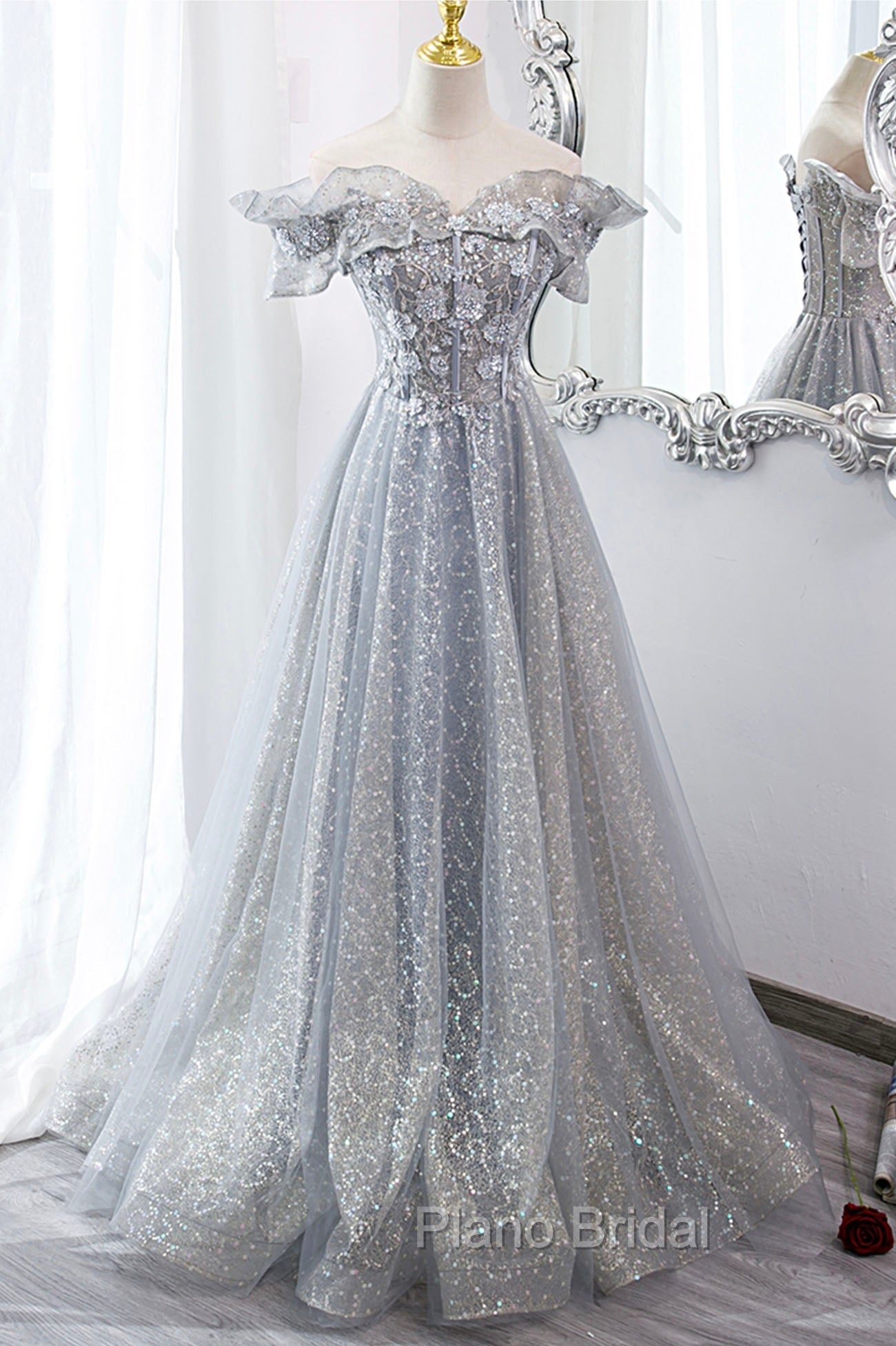 Gray Tulle Sequins Long A-Line Formal Prom Dresses, Off the Shoulder Graduation Dresses