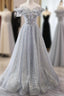 Gray Tulle Sequins Long A-Line Formal Prom Dresses, Off the Shoulder Graduation Dresses