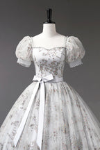 Gray Tulle Sequins Long Formal Prom Dresses, A-Line Evening Party Dresses