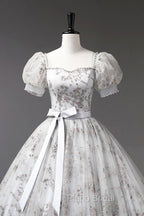Gray Tulle Sequins Long Formal Prom Dresses, A-Line Evening Party Dresses