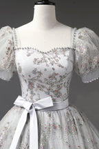 Gray Tulle Sequins Long Formal Prom Dresses, A-Line Evening Party Dresses