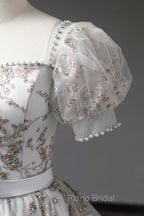 Gray Tulle Sequins Long Formal Prom Dresses, A-Line Evening Party Dresses