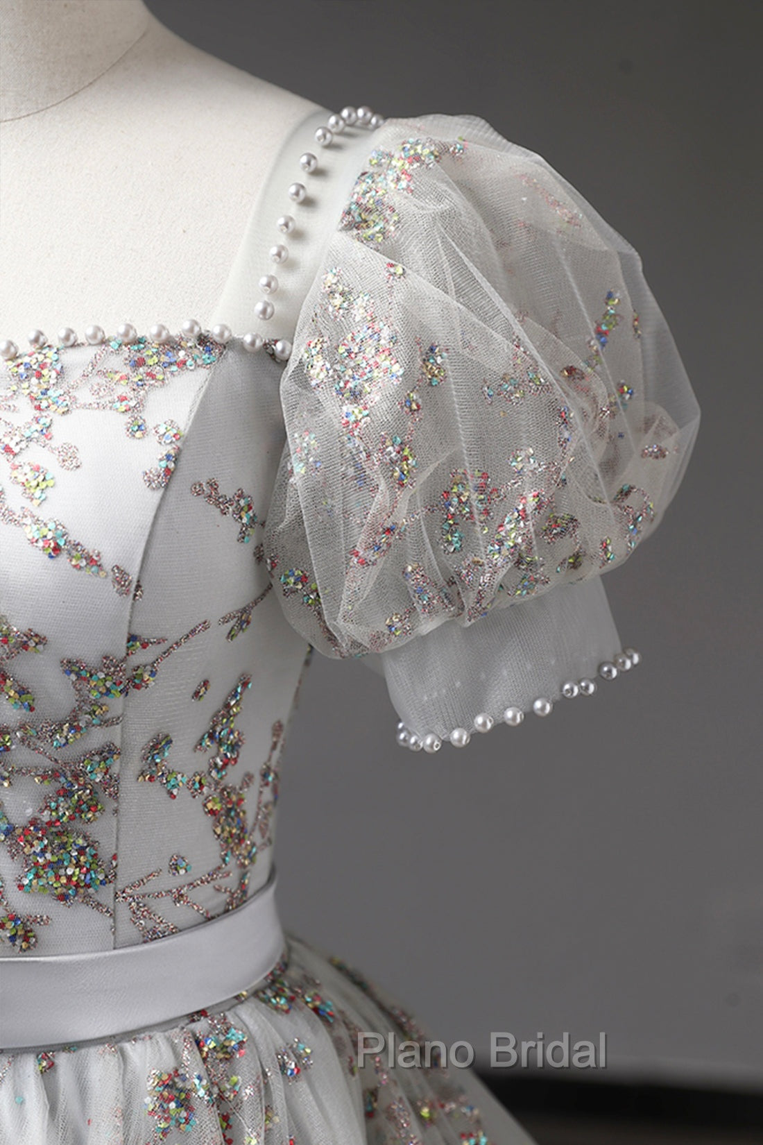 Gray Tulle Sequins Long Formal Prom Dresses, A-Line Evening Party Dresses