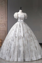 Gray Tulle Sequins Long Formal Prom Dresses, A-Line Evening Party Dresses