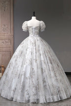 Gray Tulle Sequins Long Formal Prom Dresses, A-Line Evening Party Dresses