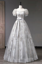 Gray Tulle Sequins Long Formal Prom Dresses, A-Line Evening Party Dresses