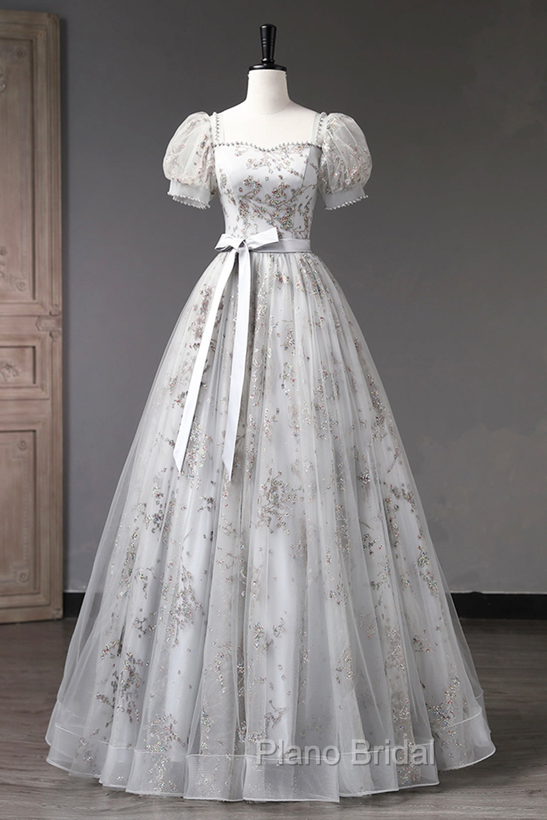 Gray Tulle Sequins Long Formal Prom Dresses, A-Line Evening Party Dresses