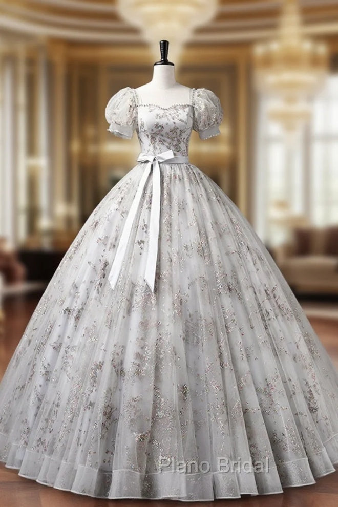 Gray Tulle Sequins Long Formal Prom Dresses, A-Line Evening Party Dresses