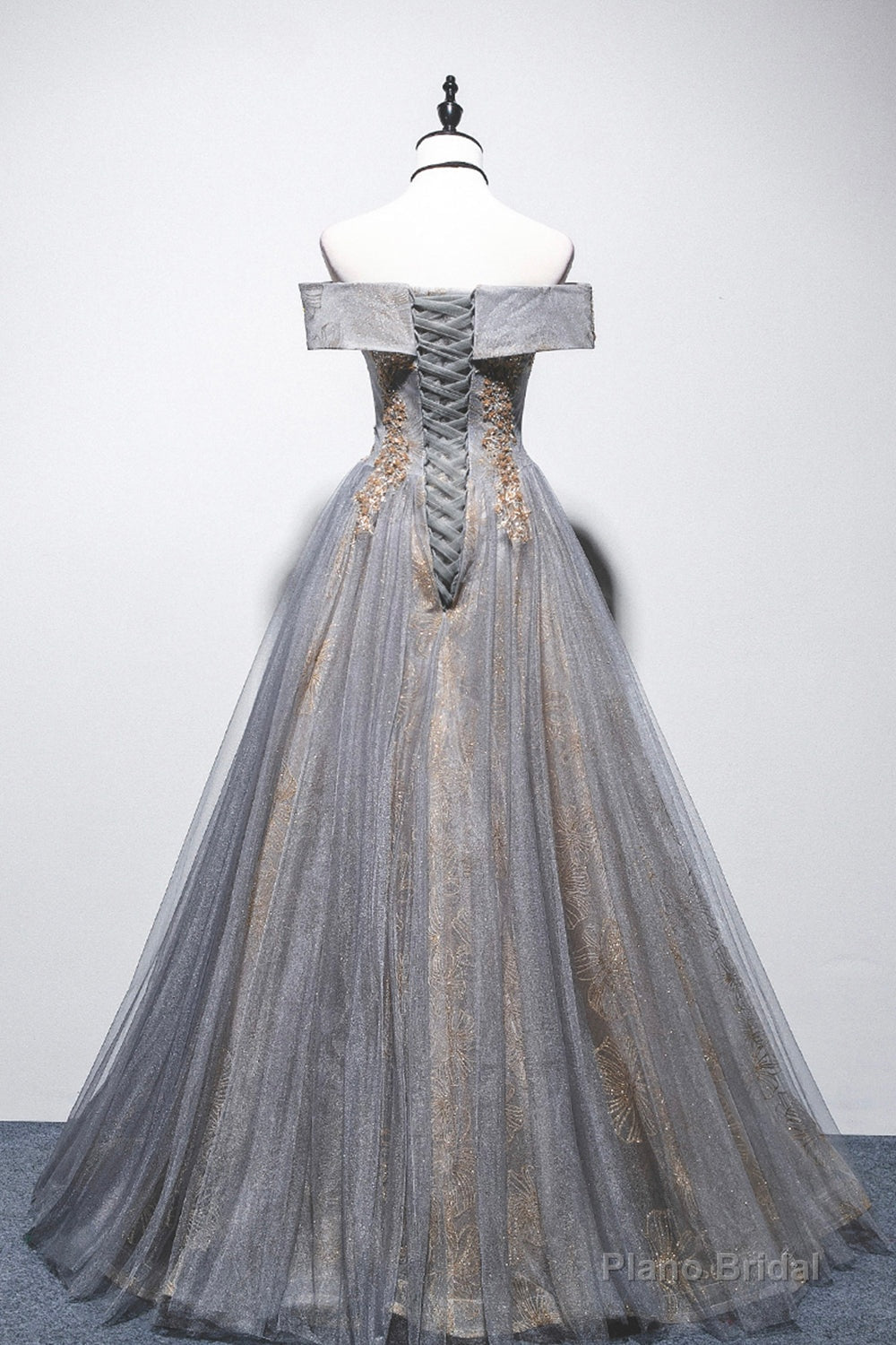 Gray Tulle Sequins Long Prom Dress, Off Shoulder Evening Dress Main image