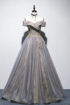 Gray Tulle Sequins Long Prom Dress, Off Shoulder Evening Dress