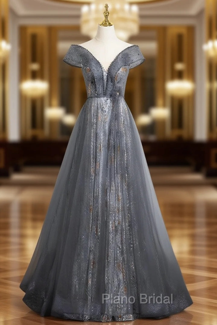 Gray Tulle Sequins Off the Shoulder Pearls Formal Prom Dresses Main image