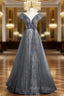 Gray Tulle Sequins Off the Shoulder Pearls Formal Prom Dresses