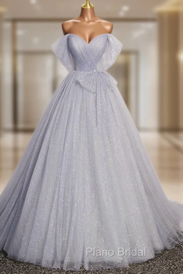 Gray Tulle Sequins Off the Shoulder Pleats Formal Prom Dresses Main image