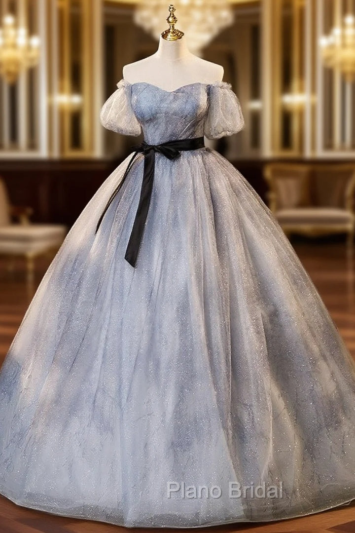 Gray Tulle Sequins Off the Shoulder Puff Sleeve Quinceanera Dresses Main image