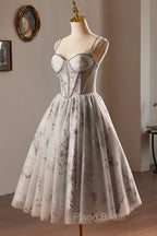 Gray Tulle Sequins Short Formal Prom Dresses, A-Line Spaghetti Straps Backless Party Dresses