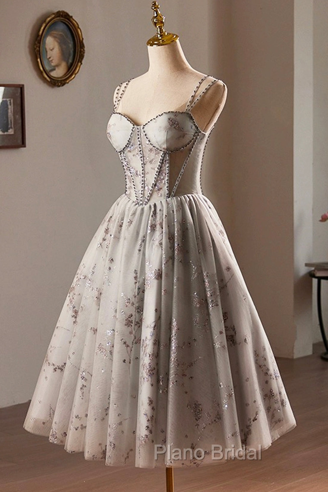 Gray Tulle Sequins Short Formal Prom Dresses, A-Line Spaghetti Straps Backless Party Dresses
