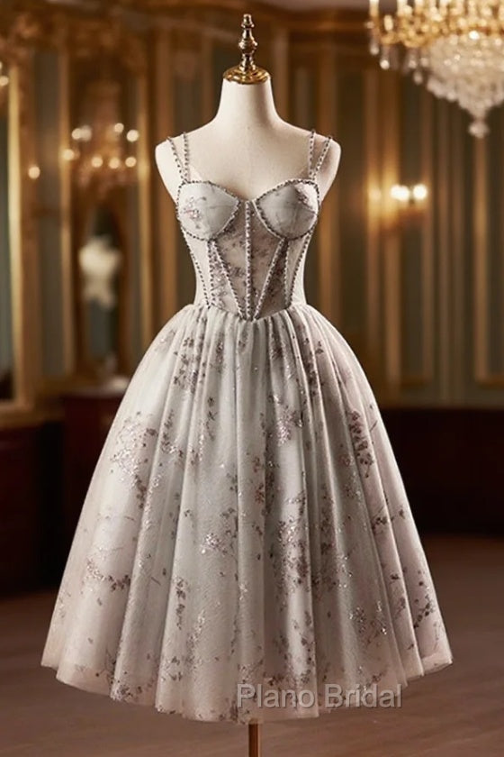 Gray Tulle Sequins Short Formal Prom Dresses, A-Line Spaghetti Straps Backless Party Dresses Main image