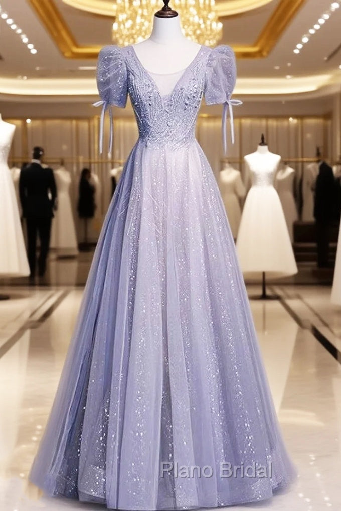 Gray Tulle Sequins Short Sleeve Beading Formal Prom Dresses