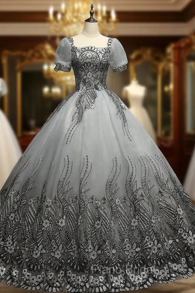 Gray Tulle Sequins Short Sleeve Quinceanera Dresses Main image