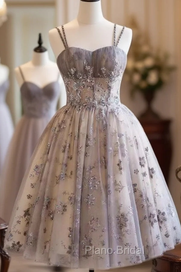 Gray Tulle Sequins Spaghetti Straps Homecoming Dresses Main image