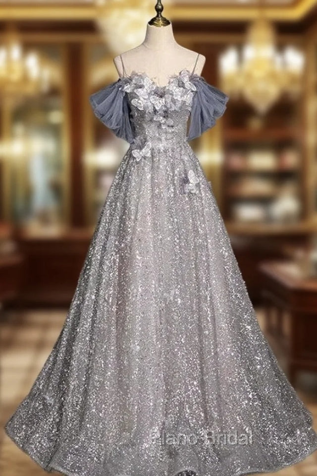 Gray Tulle Sequins Spaghetti Straps Formal Prom Dresses Main image