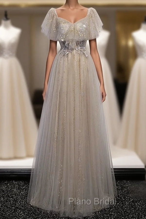 Gray Tulle Sequins Square Appliques Beading Formal Prom Dresses Main image