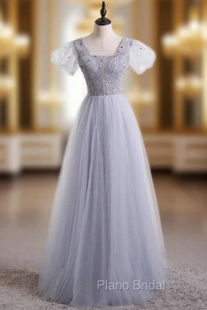 Gray Tulle Sequins Sqyare Short Sleeve Beading Formal Prom Dresses Main image