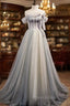 Gray Tulle Sequins Strapless Pearls Formal Prom Dresses