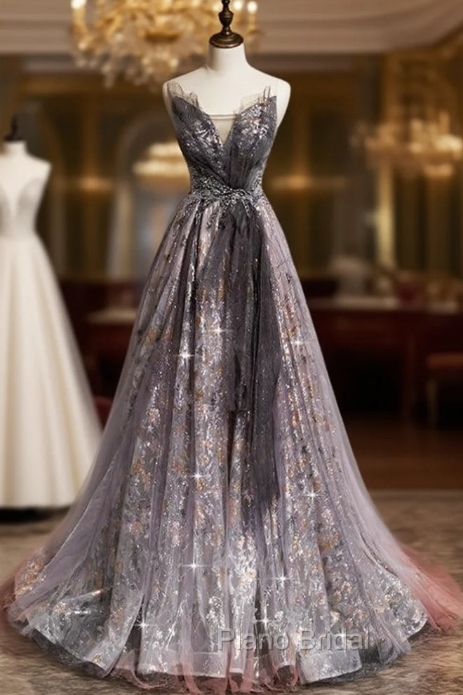 Gray Tulle Sequins Sweetheart Beading Formal Prom Dresses Main image