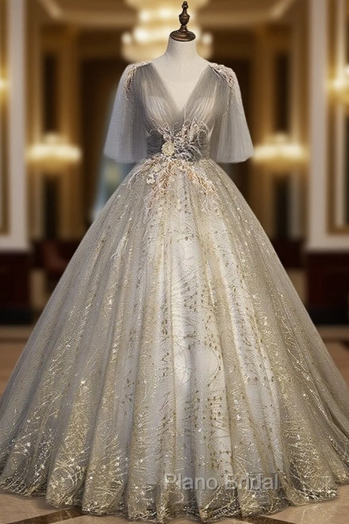 Gray Tulle Sequins V-neck Appliques Pleats Quinceanera Dresses Main image