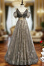 Gray Tulle Sequins V-neck Pleats Beading Formal Prom Dresses