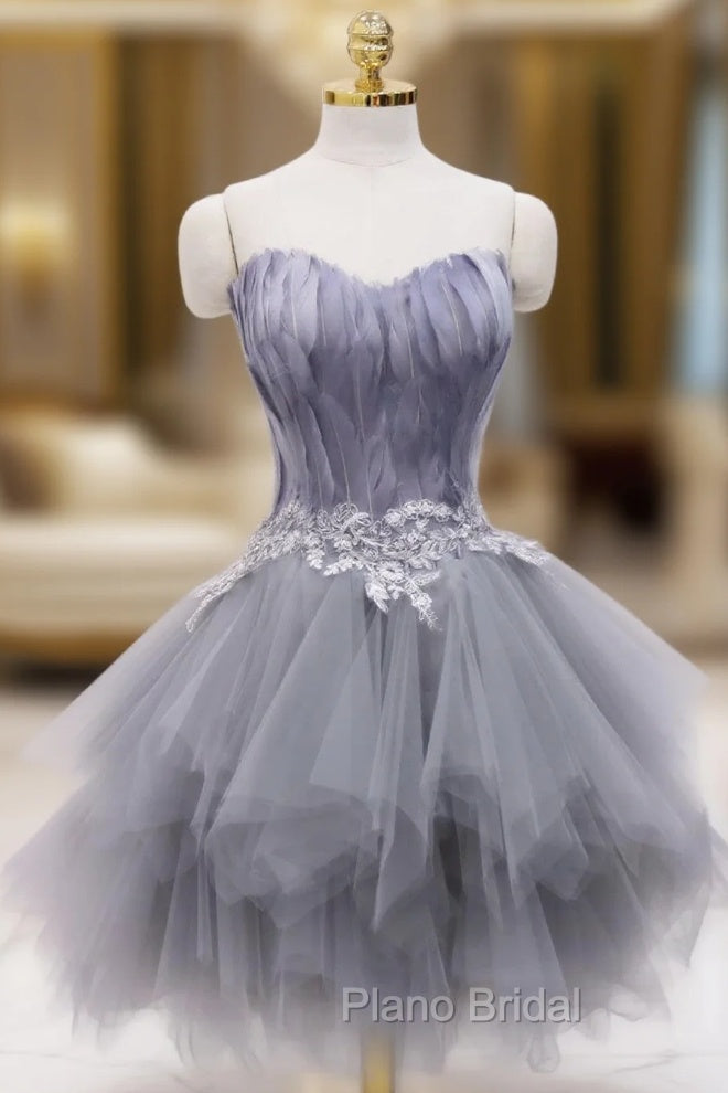 Gray Tulle Short Formal Prom Dresses with Feather, Chic A-Line Strapless Party Dresses Main image