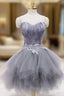 Gray Tulle Short Formal Prom Dresses with Feather, Chic A-Line Strapless Party Dresses