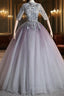 Gray Tulle Short Sleeve High Neck Quinceanera Dresses