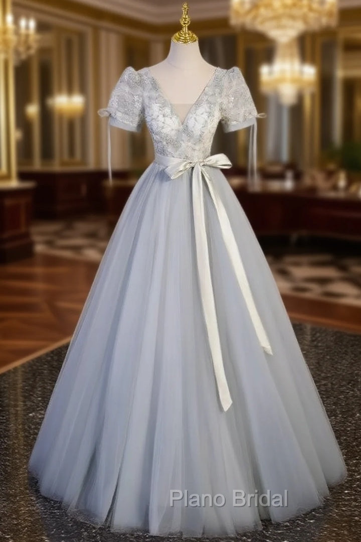 Gray Tulle Short Sleeve V-neck Appliques Formal Prom Dresses Main image