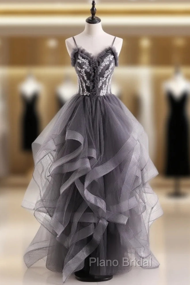 Gray Tulle Spaghetti Straps Appliques Formal Prom Dresses