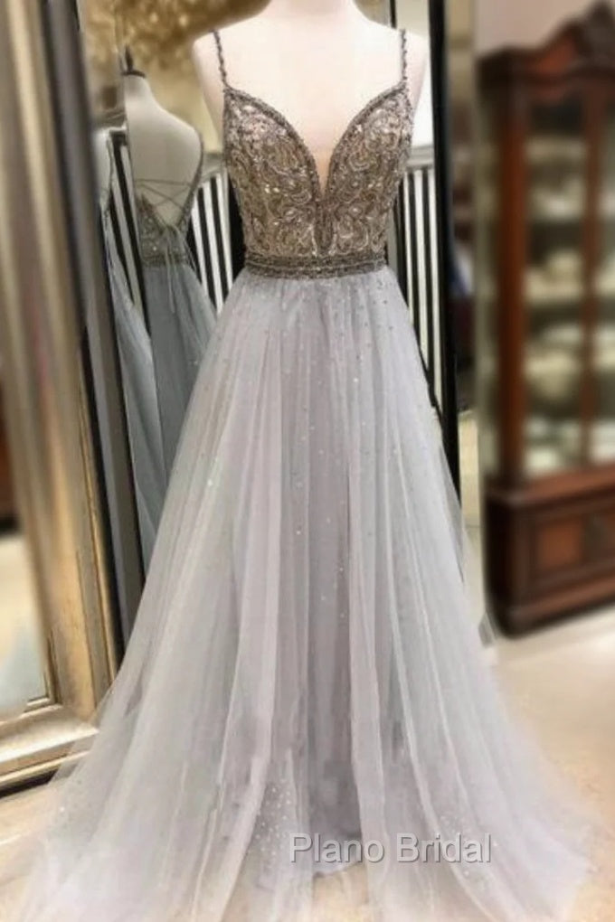 Gray Tulle Spaghetti Straps Backless Beading Sequins Formal Prom Dresses