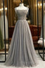 Gray Tulle Spaghetti Straps Beading Backless Formal Prom Dresses
